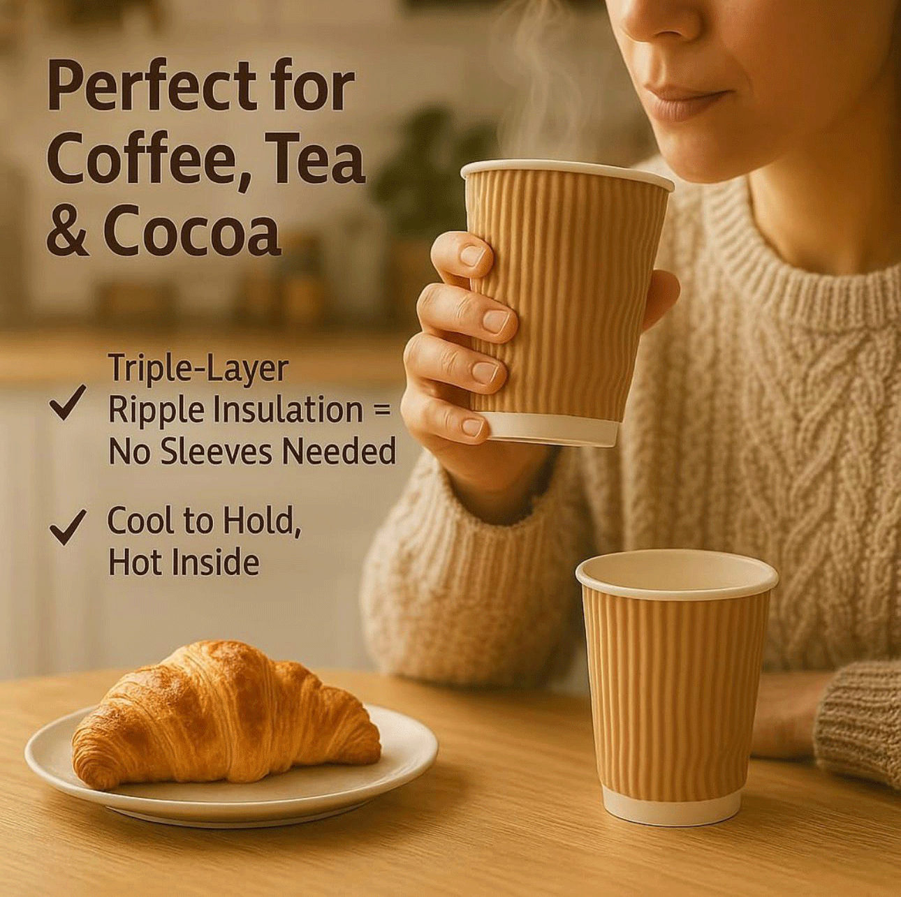 10oz Ripple Wall Disposable Coffee Cups (25 Pack) - Insulated Paper Hot Cups, Brown