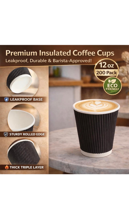 Black Ripple Insulated Paper Coffee Cups 12oz (100 Pack)