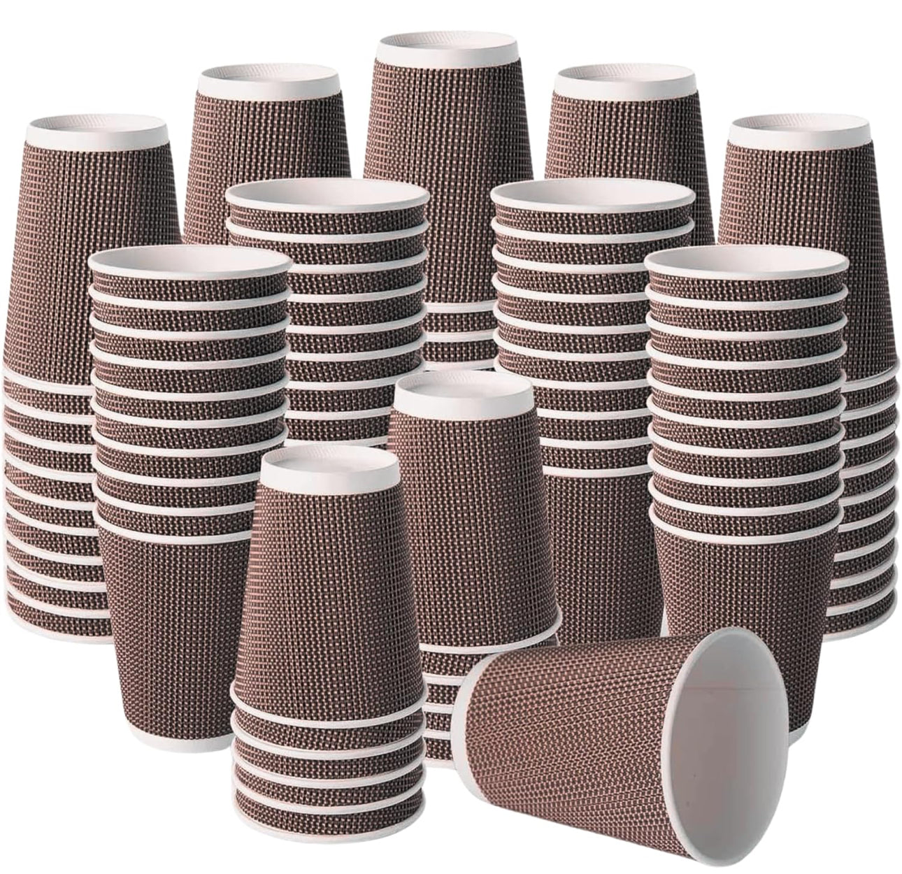 Stacks of brown paper cups with white interiors on a white background