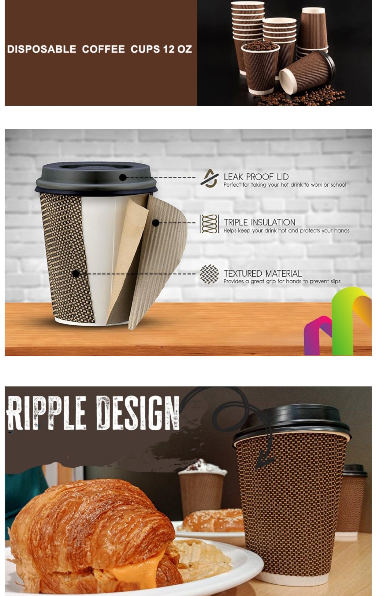 Disposable coffee cups with features highlighted on a wooden surface, including text 'Ripple Design'.