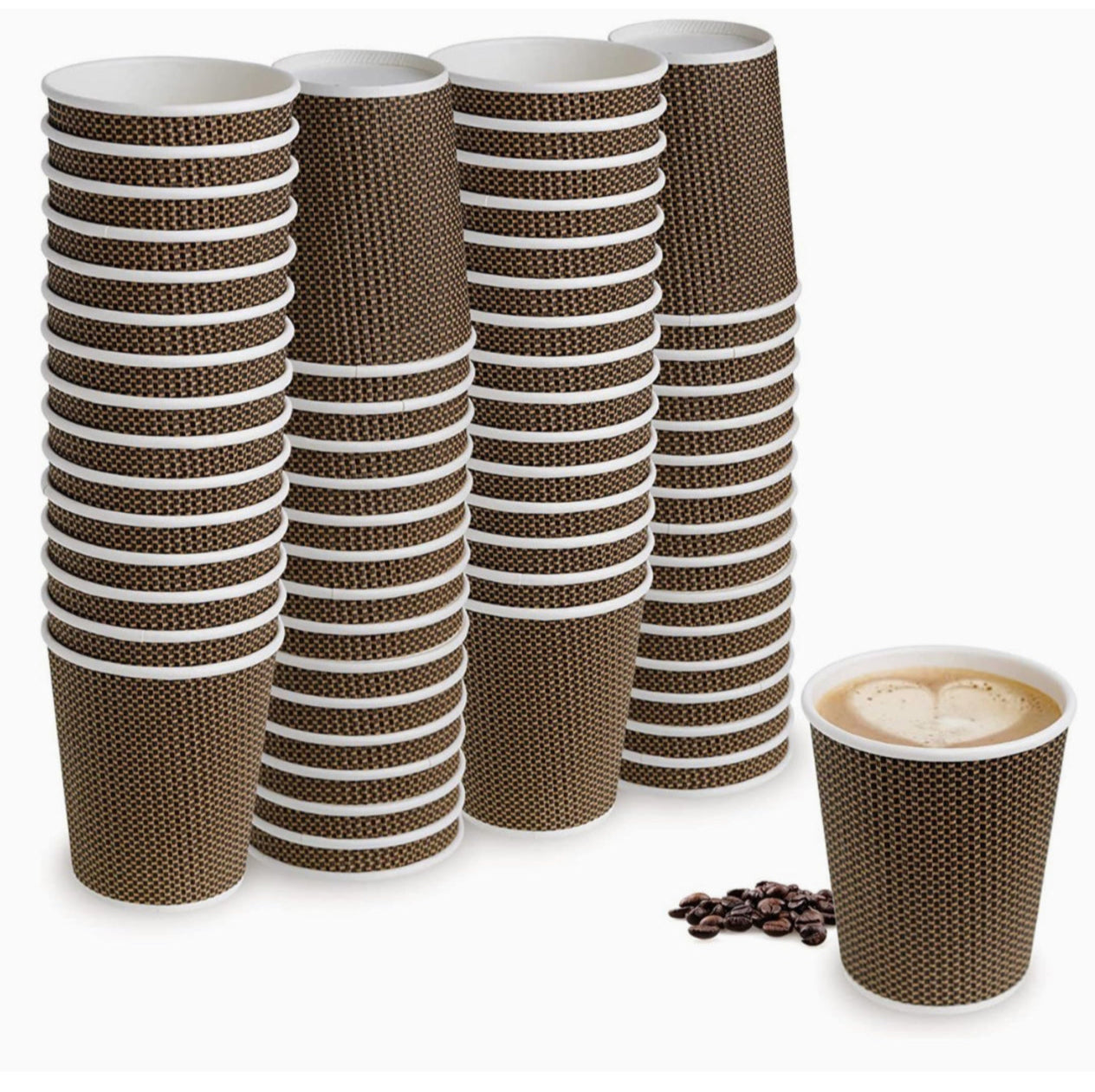 Stack of brown paper cups with white stripes and a single cup with coffee and creamer on a white background.