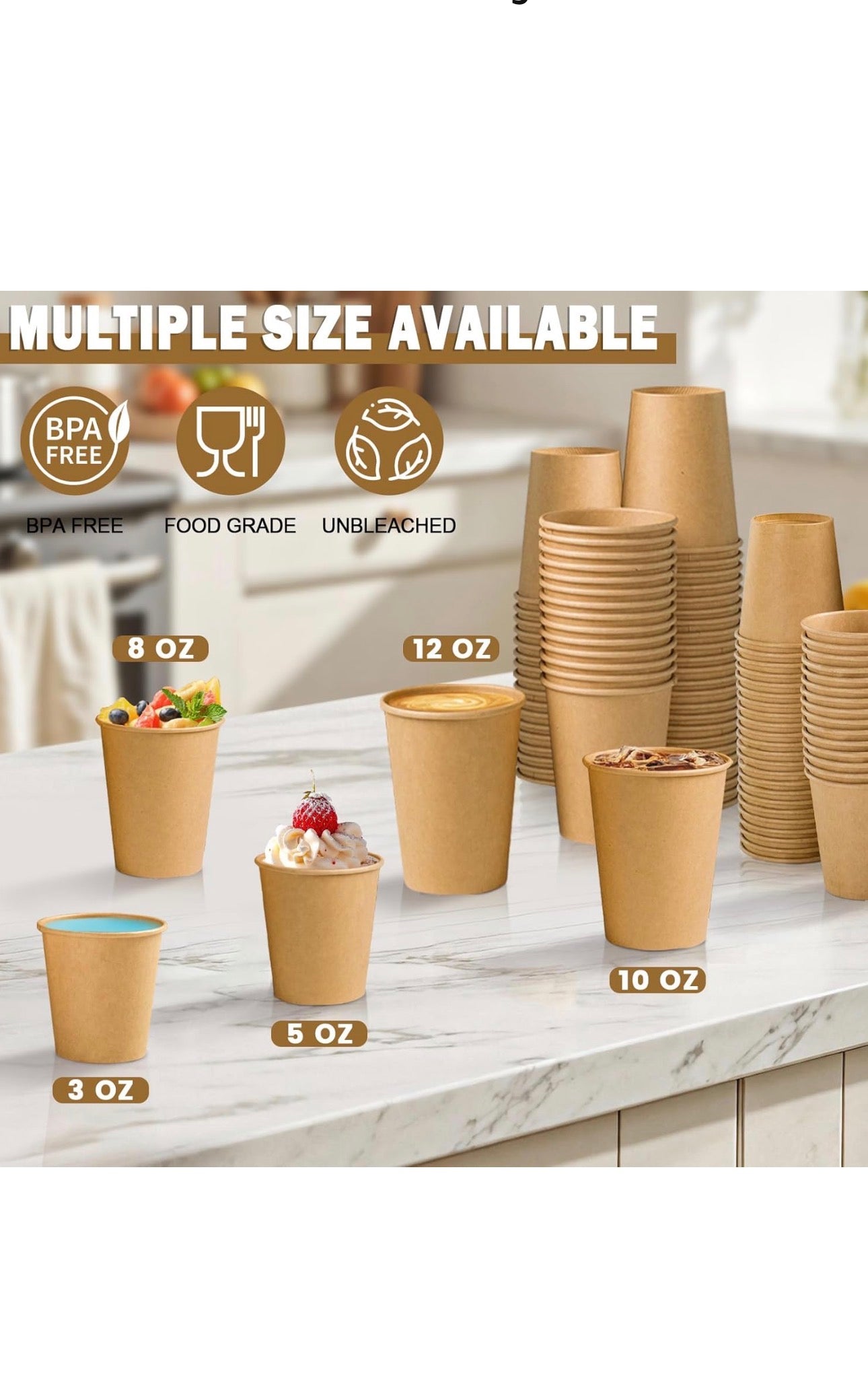 8oz Kraft Unbleached Recyclable Paper Coffee Cups (400 Pack) - Single Wall, Eco-Friendly