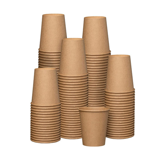 Stacks of brown paper cups on a white background