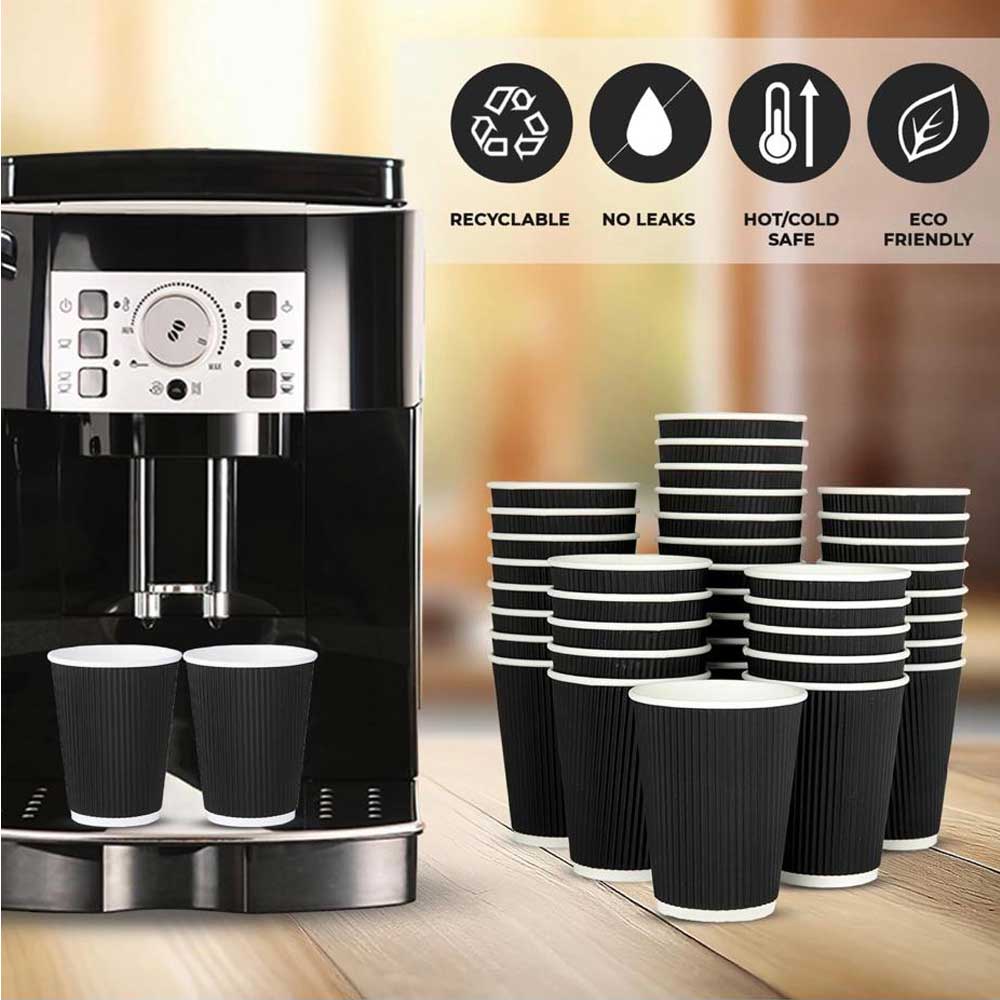 8oz Black Ripple Coffee Cups with Lids (100 Pack)
