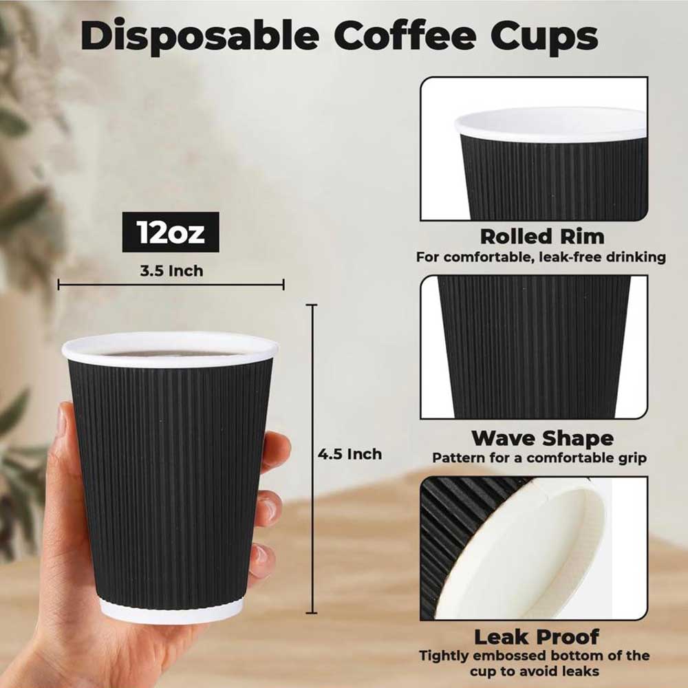 Black Ripple Insulated Paper Coffee Cups 12oz (100 Pack)