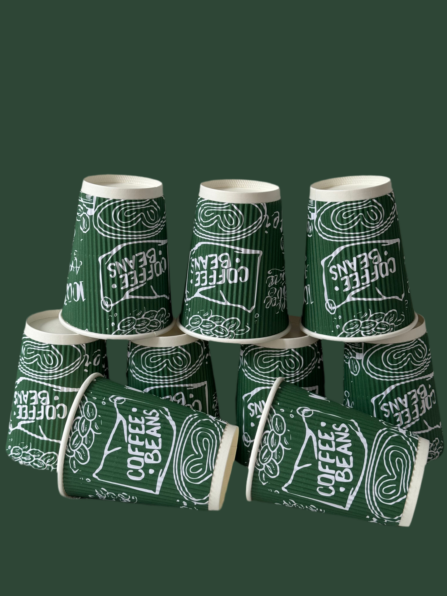 Stack of green paper cups with 'Coffee Beans' text on a white background