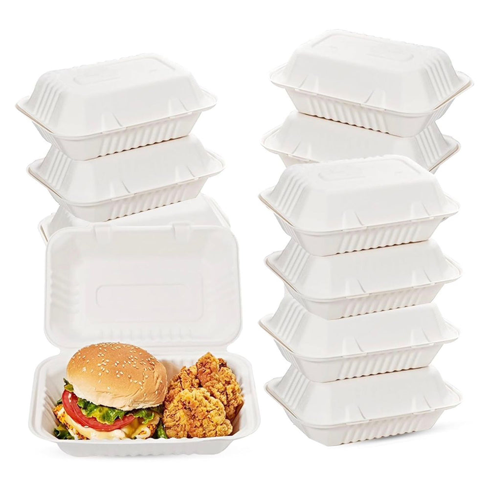 9 x 6” Bagasse Clamshell Takeaway Food Box Containers Meal Box (9x6 inch / 900ml)