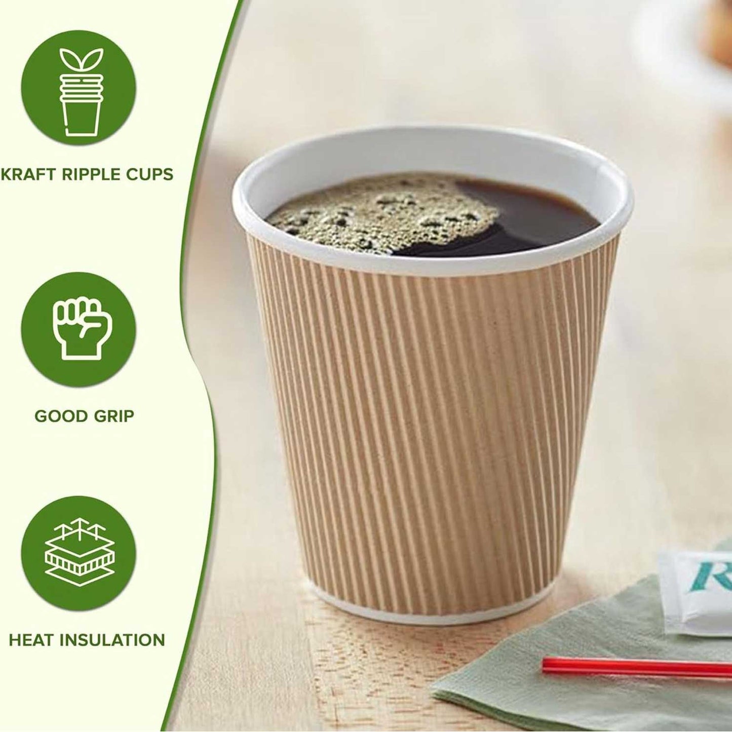 Kraft ripple cup with coffee on a wooden surface, featuring icons and text about the cup's features.