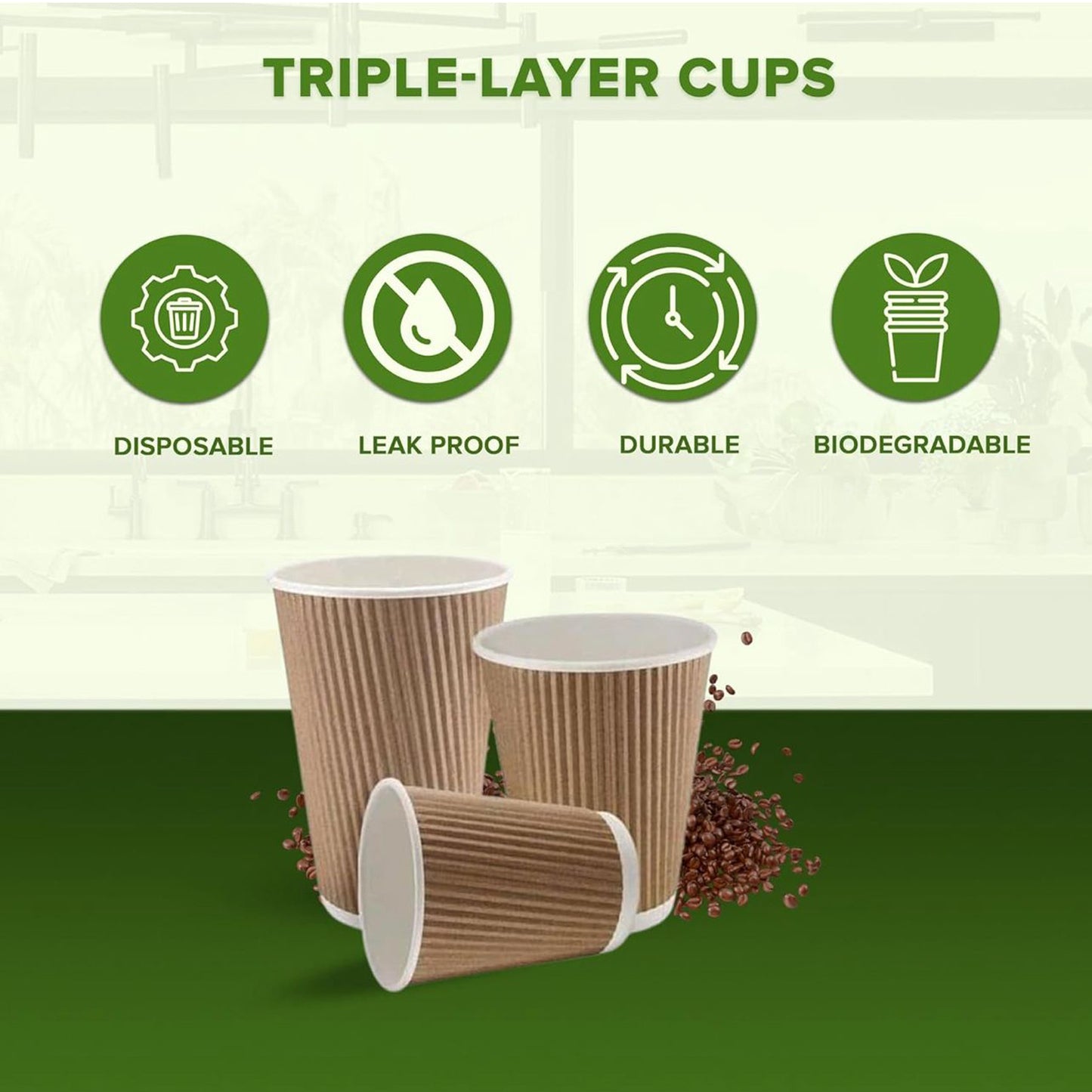Triple-layer paper cups with green icons and text on a white and green background