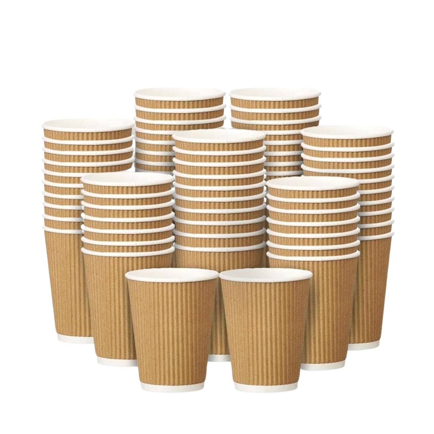 Stacks of brown paper cups on a white background