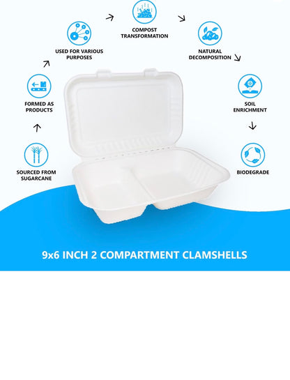 9" X 6" Bagasse Clamshells 2 Compartment Food Box Containers