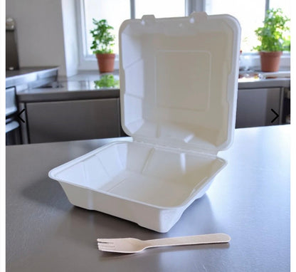 8x8" Bagasse Clamshell Meal Box Containers 205x205x80mm