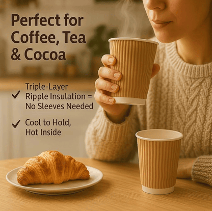 10oz Ripple Wall Disposable Coffee Cups (200 Pack) - Insulated Paper Hot Cups, Brown