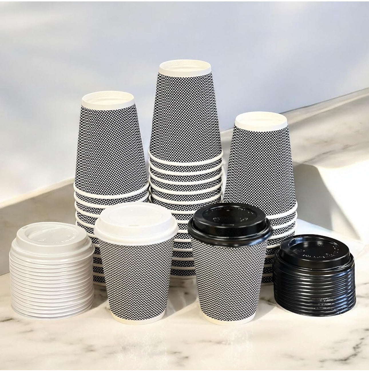 Ripple Disposable Coffee Cups 12oz (500Pack) – Double Triple Wall Insulated Takeaway Paper Cups and Lids for Hot Drinks – Eco-Friendly, Leak-Proof, Ideal for Coffee Shops & Events
