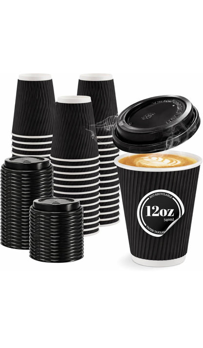 Black Ripple Insulated Paper Coffee Cups 12oz (100 Pack)