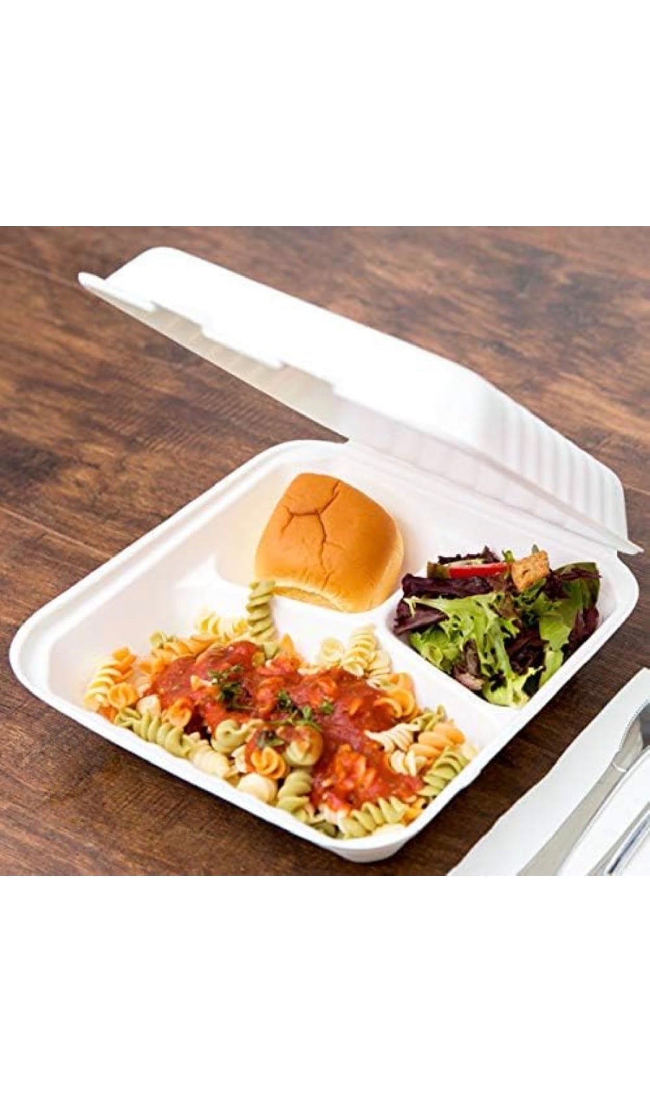 9 x 9” Bagasse Clamshells Three Compartment Section Meal Box Containers