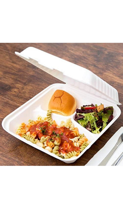 9 x 9” Bagasse Clamshells Three Compartment Section Meal Box Containers