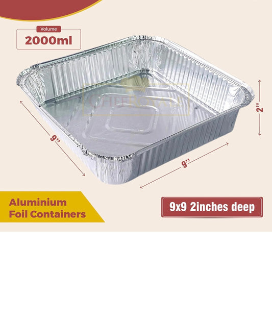 No9 Aluminium Foil Food Containers & Lids 9x9x2 ( 2” Deep )