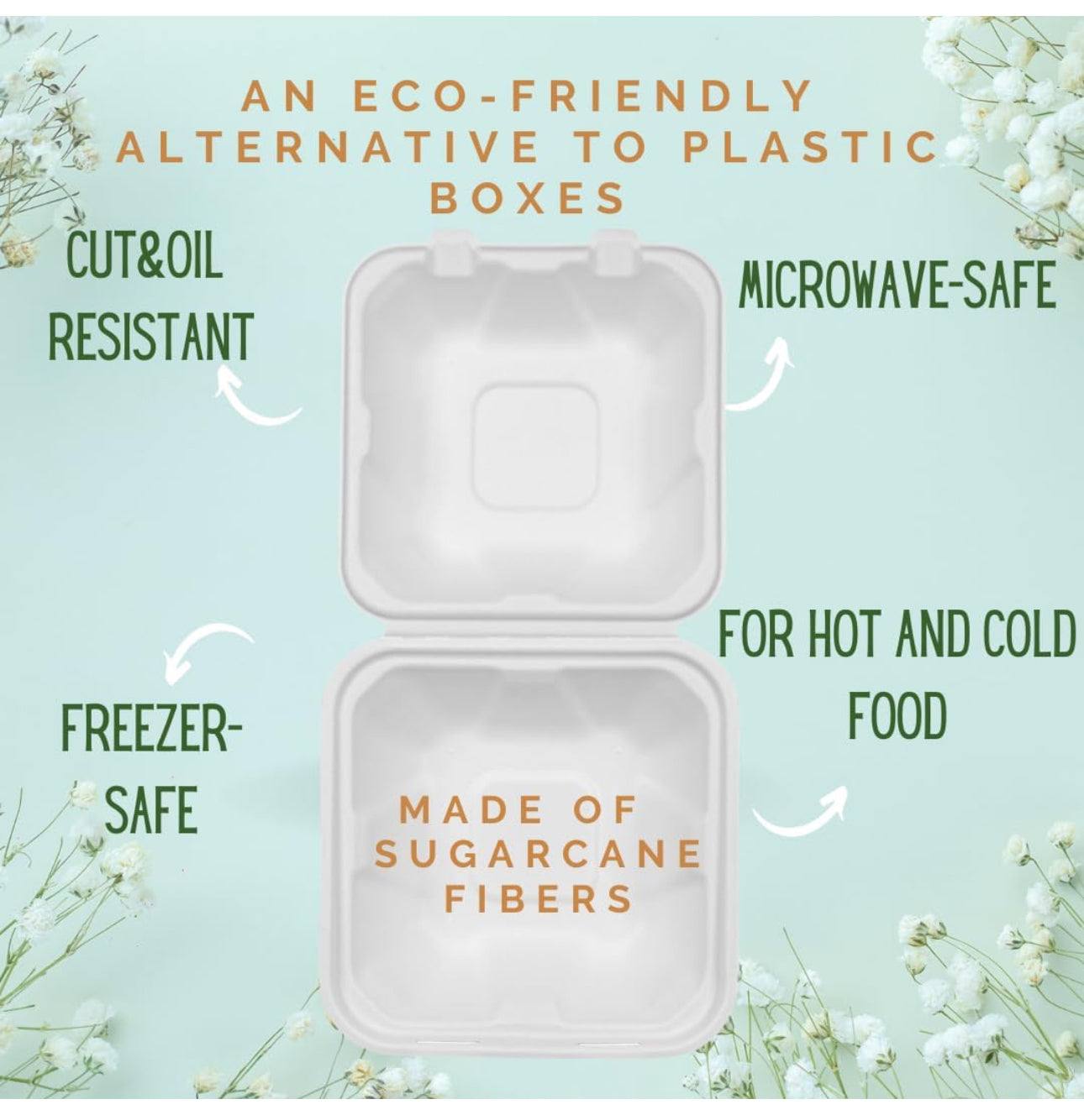 6” Bagasse Clamshell Takeaway Food Box Containers - 6 x 6 inch Burger Box
