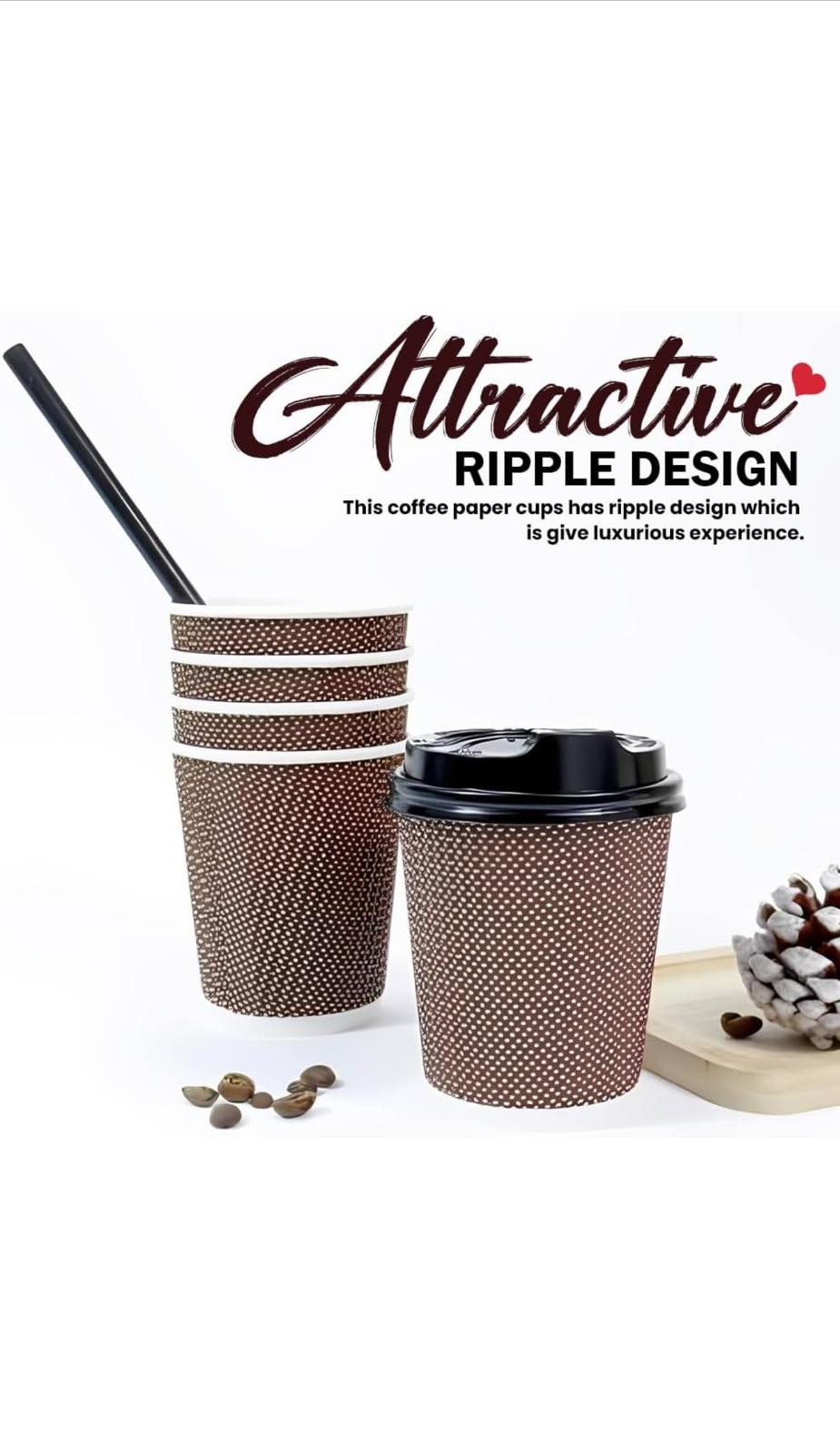 12oz Triple Wall Disposable Ripple Paper Coffee Cups (100 Pack) - Brown