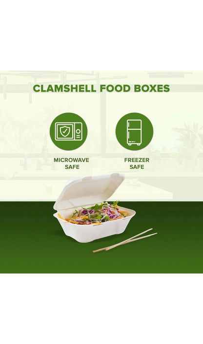 7 x5” Bagasse Clamshell Food Box Containers – 7x5 inch Biodegradable Takeaway Meal Box 600ml
