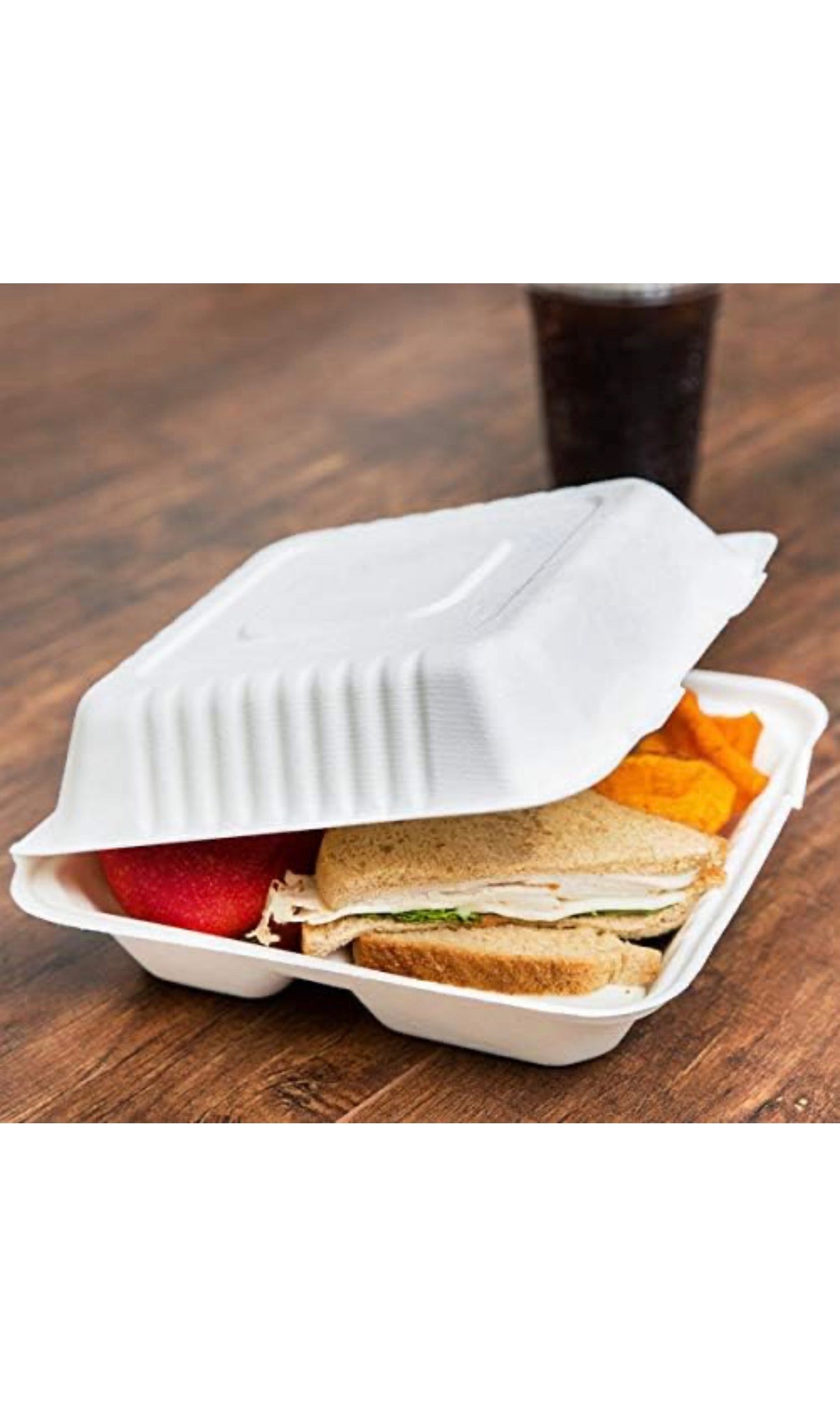 9 x 9” Bagasse Clamshells Three Compartment Section Meal Box Containers