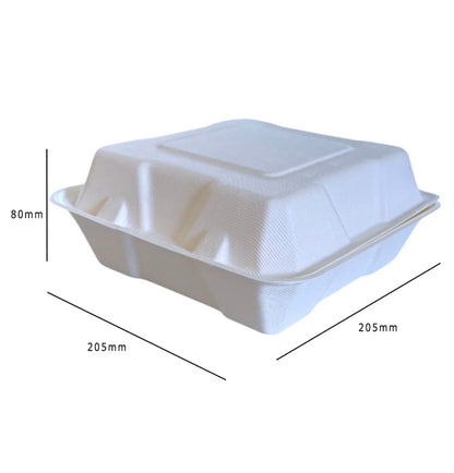 8x8" Bagasse Clamshell Meal Box Containers 205x205x80mm