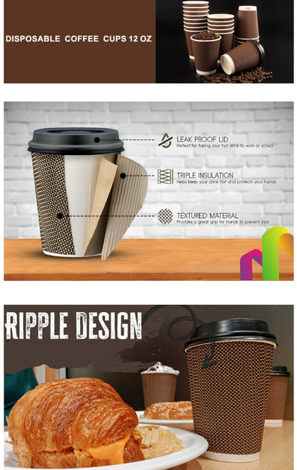Disposable coffee cups with features highlighted on a wooden surface, including text 'Ripple Design'.