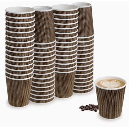 Stack of brown paper cups with white stripes and a single cup with coffee and creamer on a white background.