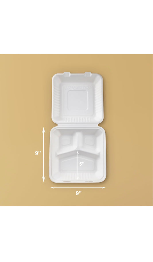 9 x 9” Bagasse Clamshells Three Compartment Section Meal Box Containers