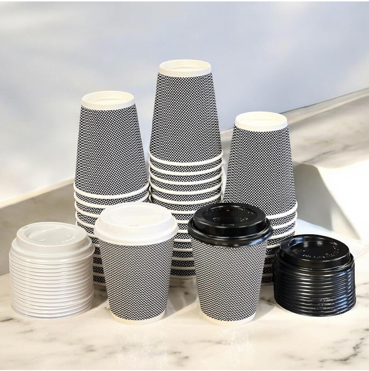 Ripple Disposable Coffee Cups 12oz (500Pack) – Double Triple Wall Insulated Takeaway Paper Cups and Lids for Hot Drinks – Eco-Friendly, Leak-Proof, Ideal for Coffee Shops & Events