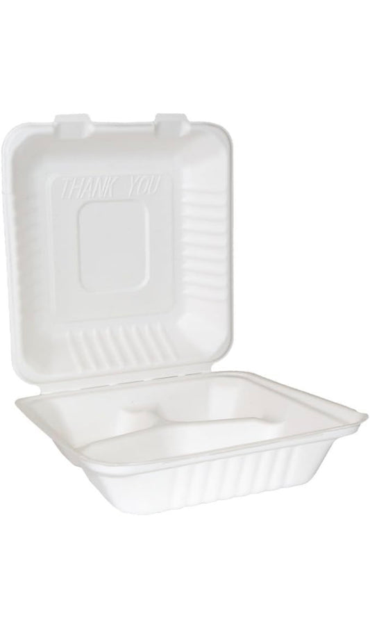 9 x 9” Bagasse Clamshells Three Compartment Section Meal Box Containers