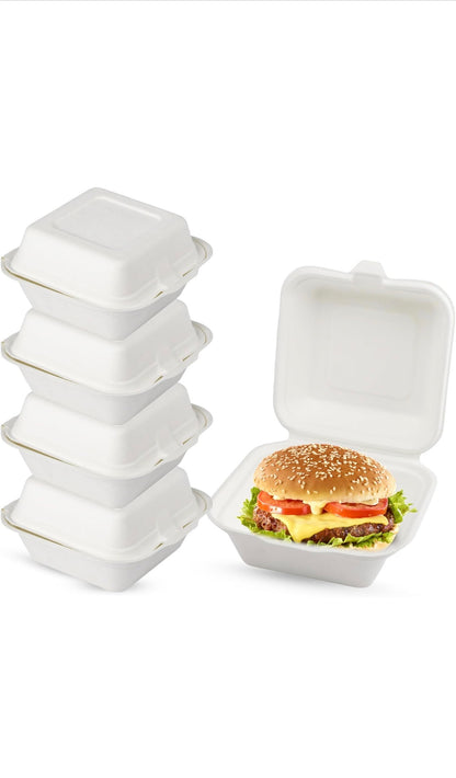 6” Bagasse Clamshell Takeaway Food Box Containers - 6 x 6 inch Burger Box