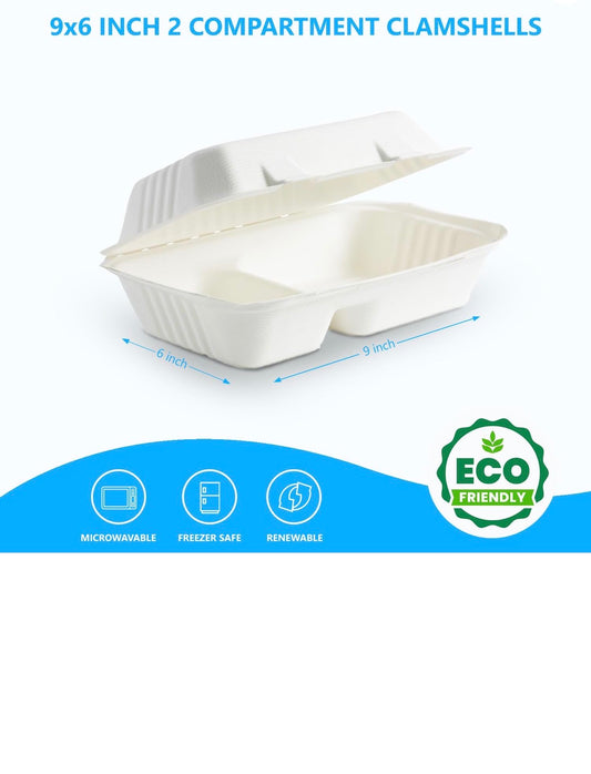 9" X 6" Bagasse Clamshells 2 Compartment Food Box Containers