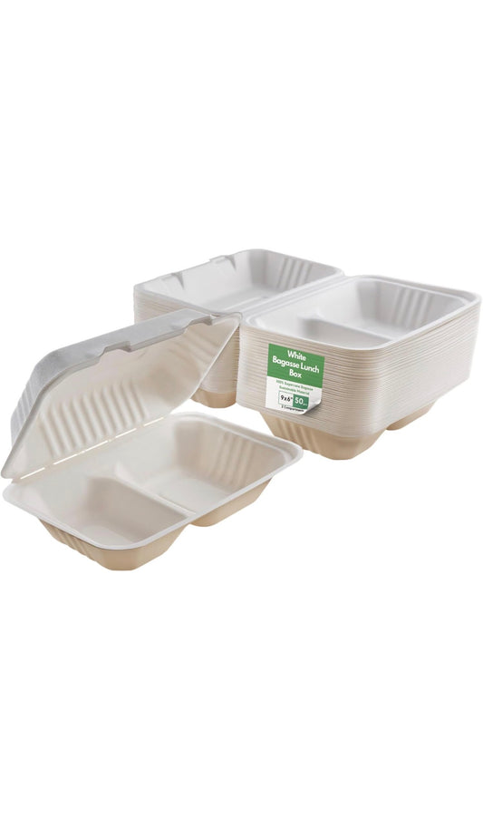 9" X 6" Bagasse Clamshells 2 Compartment Food Box Containers