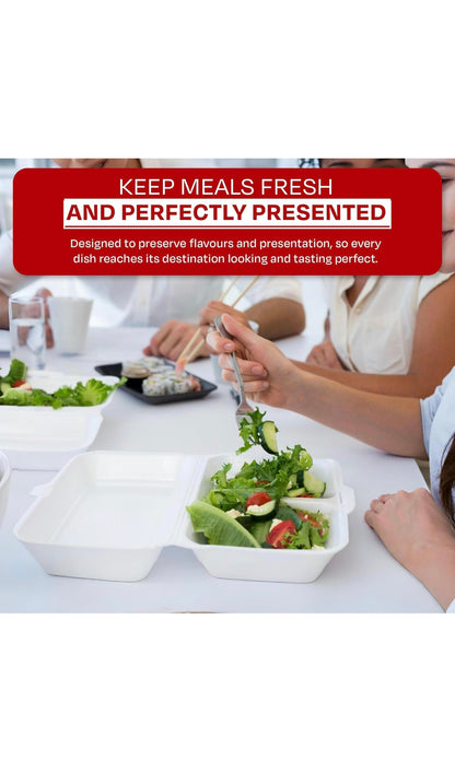 9" X 6" Bagasse Clamshells 2 Compartment Food Box Containers