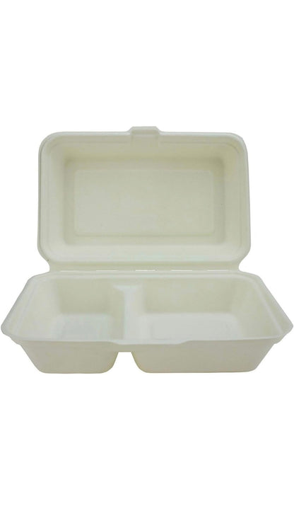 9" X 6" Bagasse Clamshells 2 Compartment Food Box Containers