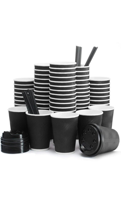 8oz Black Ripple Coffee Cups with Lids (300 Pack)