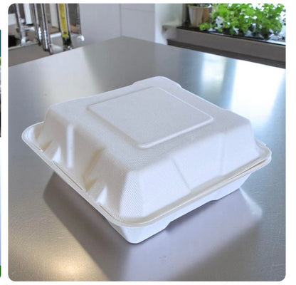 8x8" Bagasse Clamshell Meal Box Containers 205x205x80mm