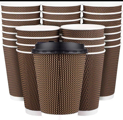 500 x 12oz Triple Wall Ripple Paper Coffee Cups Brown Vip Special Design