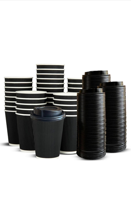 8oz Black Ripple Coffee Cups with Lids (300 Pack)
