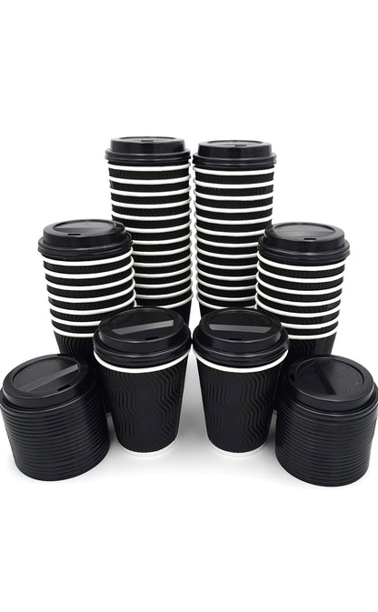 8oz Black Ripple Coffee Cups with Lids (300 Pack)