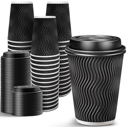 8oz Black Ripple Coffee Cups with Lids (300 Pack)