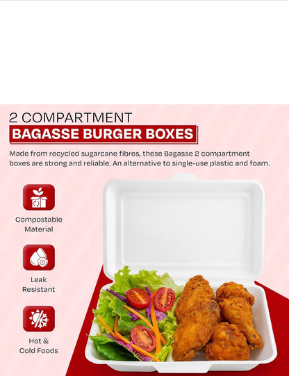 9" X 6" Bagasse Clamshells 2 Compartment Food Box Containers
