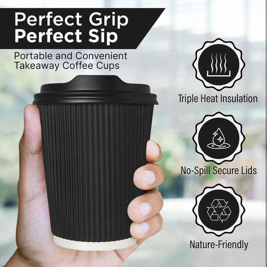 Black Ripple Insulated Paper Coffee Cups 12oz (100 Pack)