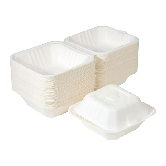 6” Bagasse Clamshell Takeaway Food Box Containers - 6 x 6 inch Burger Box