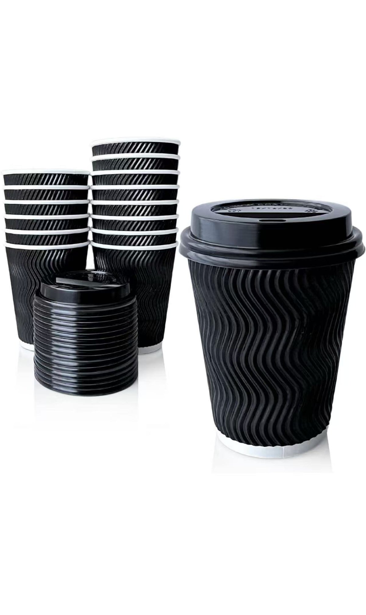 8oz Black Ripple Coffee Cups with Lids (300 Pack)