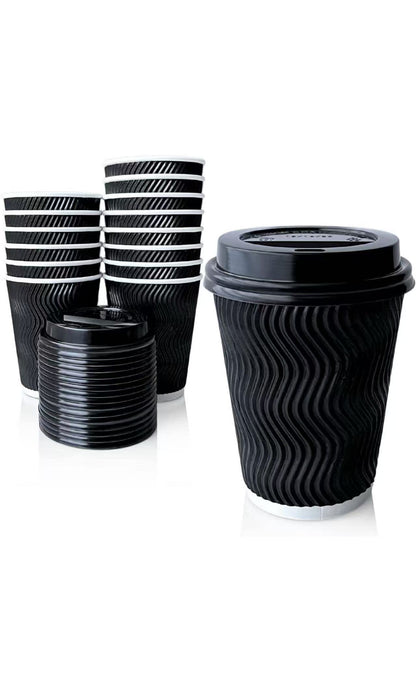 8oz Black Ripple Coffee Cups with Lids (300 Pack)