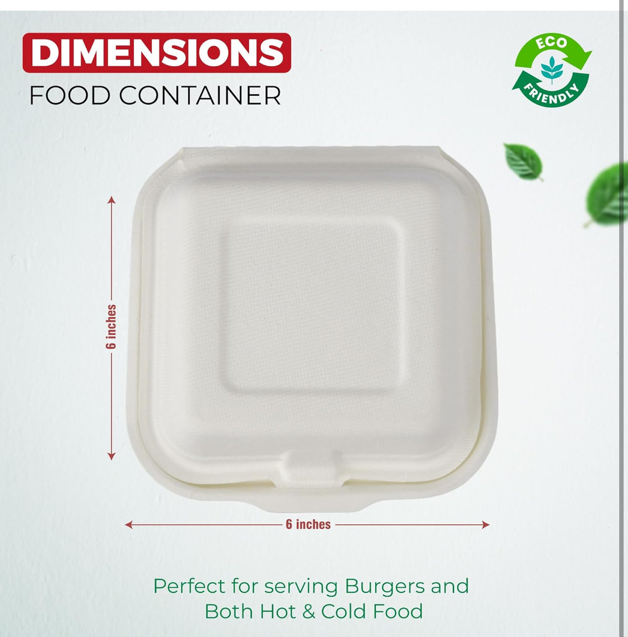 6” Bagasse Clamshell Takeaway Food Box Containers - 6 x 6 inch Burger Box