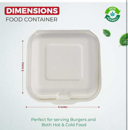 6” Bagasse Clamshell Takeaway Food Box Containers - 6 x 6 inch Burger Box